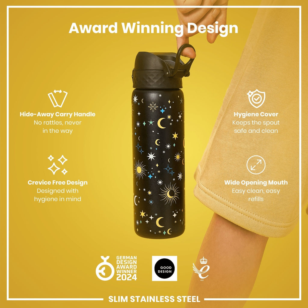 Ion8 stainless steel Celestial 600ml water bottle with leak-proof design and slim profile, ideal for on-the-go hydration.
