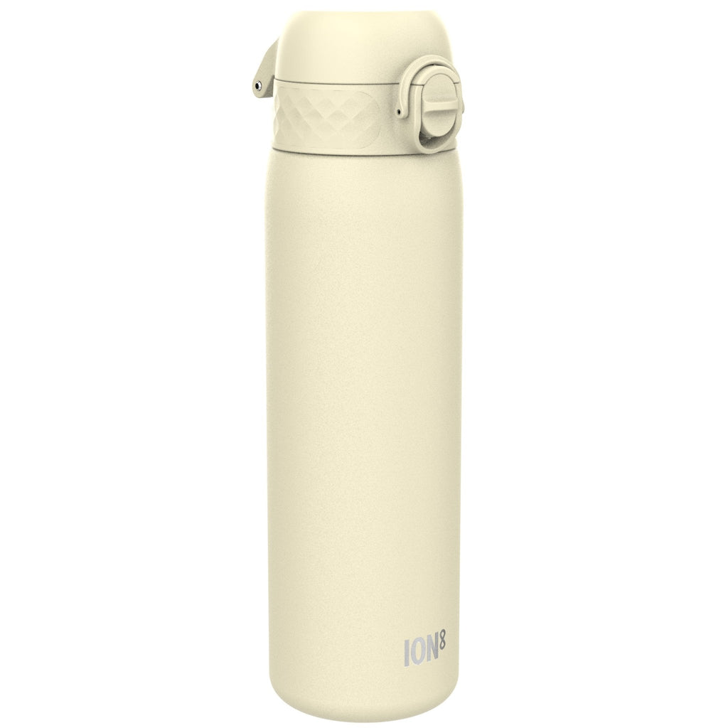 Ion8 stainless steel water bottle in creamy white, 600ml, leak-proof, slim design for hot and cold beverages.