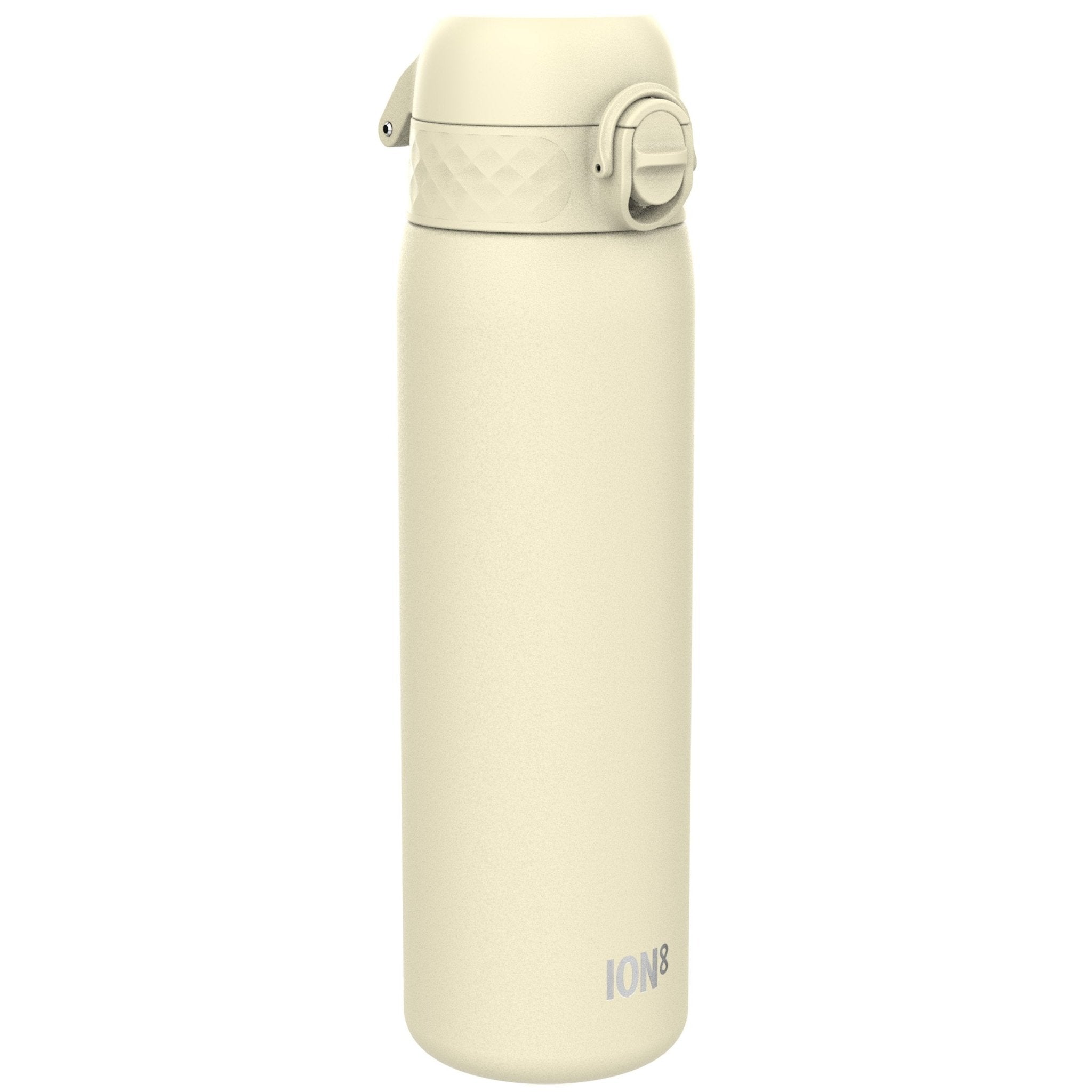 Ion8 stainless steel leak-proof slim water bottle in creamy white, 600ml (20oz), featuring a sleek design and secure lid.