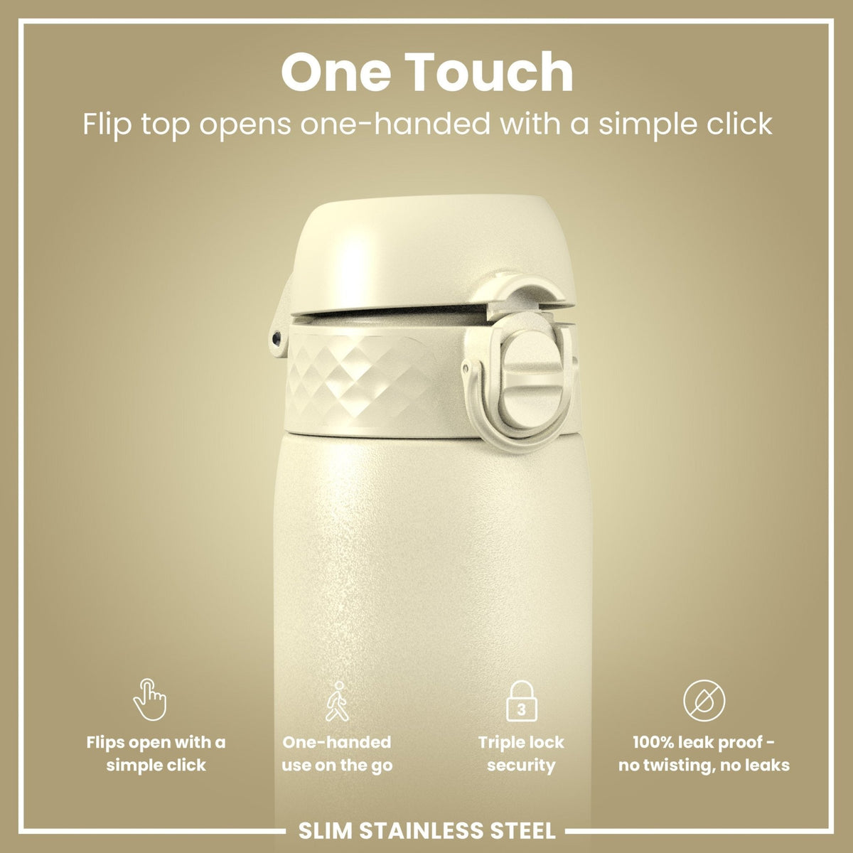Ion8 stainless steel water bottle in creamy white, 600ml capacity, leak-proof slim design, durable and stylish for everyday use.