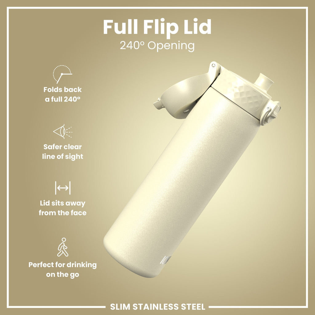 Ion8 stainless steel water bottle in creamy white, 600ml, leak-proof, slim design, durable and ideal for hydration on the go