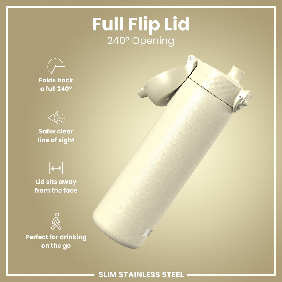 Ion8 stainless steel water bottle in creamy white, 600ml, leak-proof, slim design, durable and ideal for hydration on the go