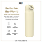 Ion8 stainless steel water bottle in creamy white, 600ml, leak-proof, slim design, durable and ideal for hydration on the go.