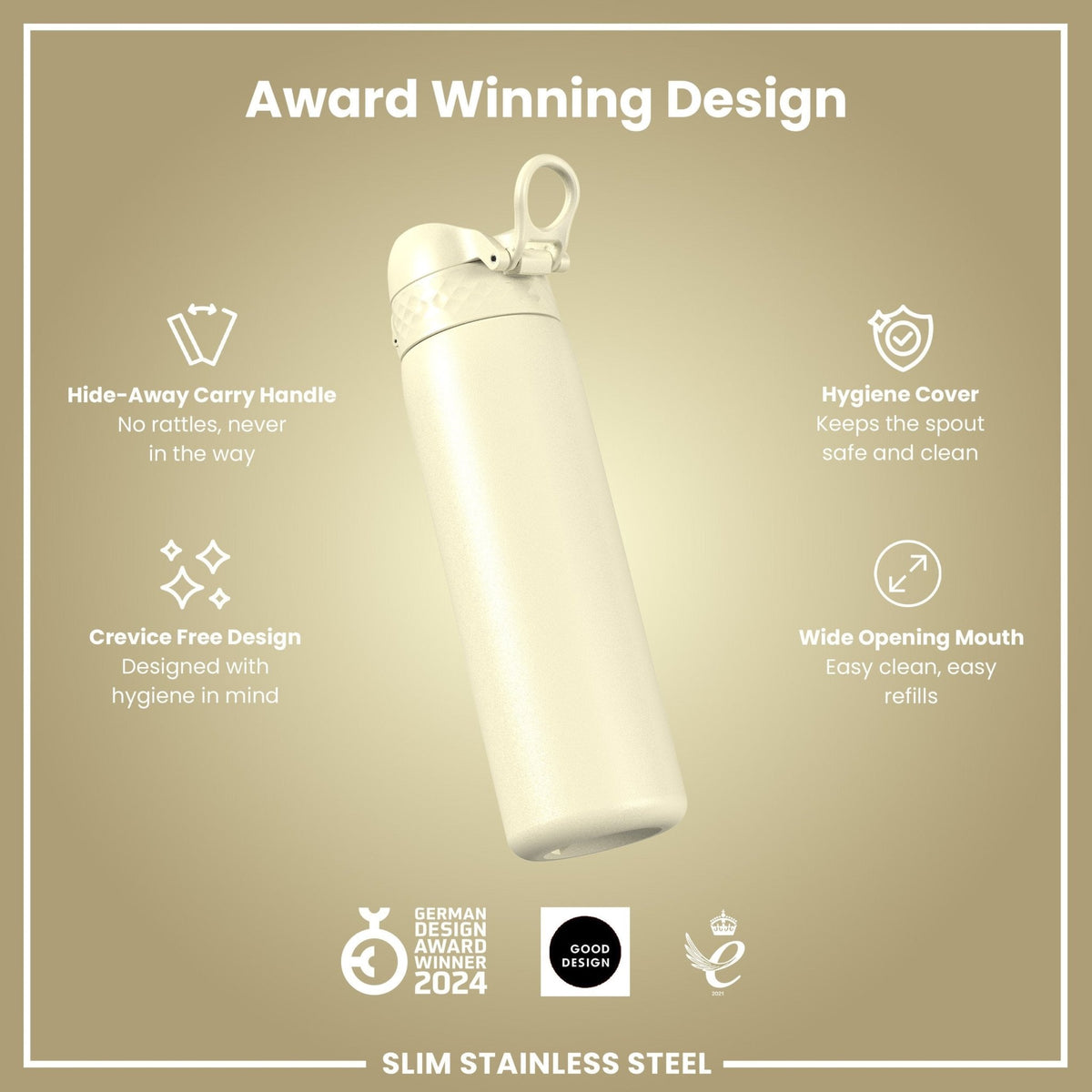 Ion8 stainless steel water bottle in creamy white, 600ml, leak-proof and slim design for durable hydration.