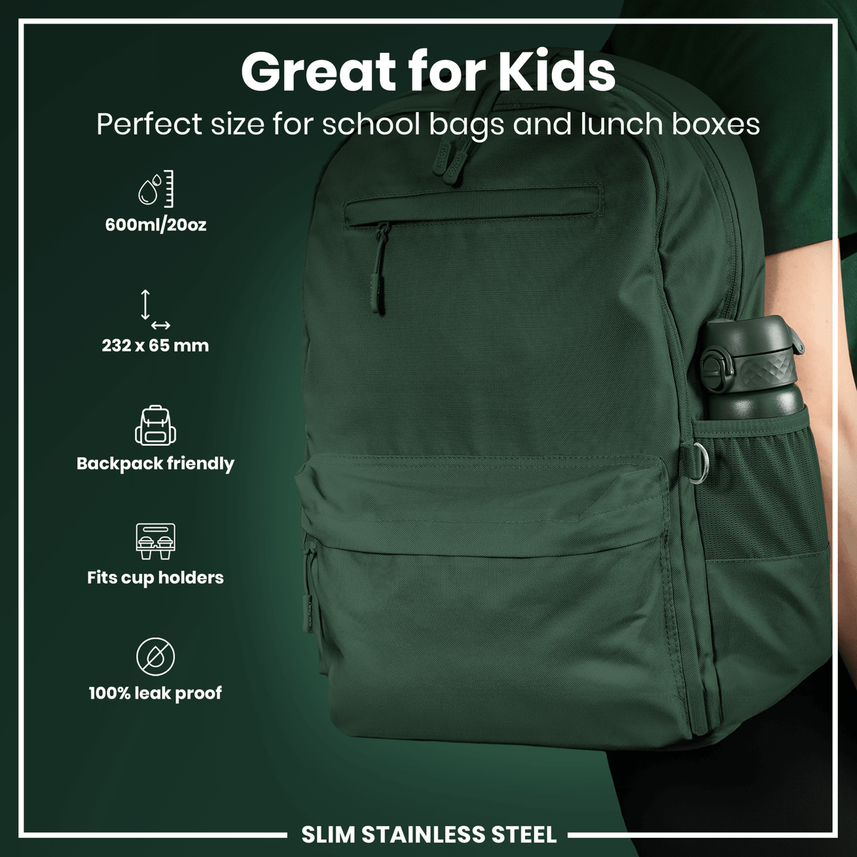 Dark green ION8 stainless steel water bottle, 600ml capacity, leak-proof, slim design, durable steel construction.