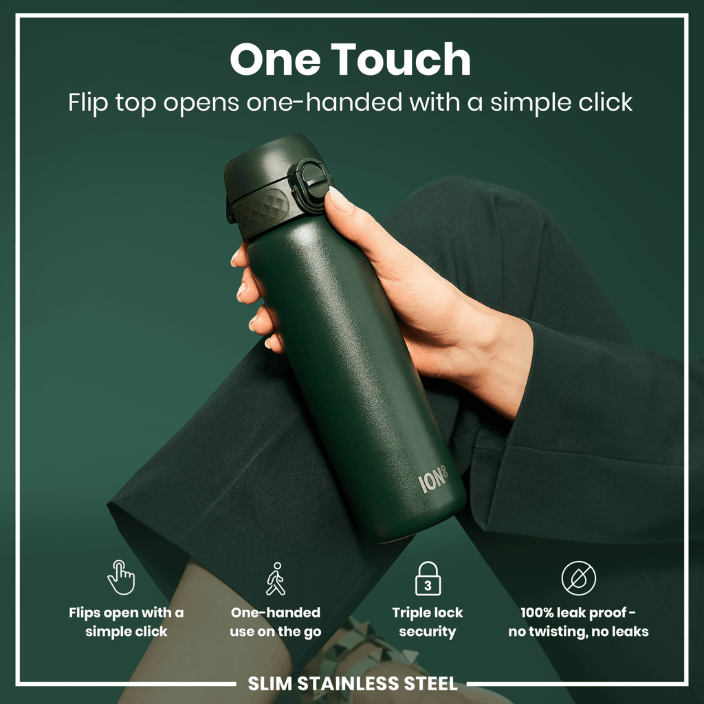 Dark green 600ml stainless steel water bottle by ION8, leak-proof slim design with durable steel construction.
