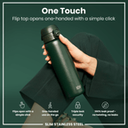 Dark green 600ml stainless steel water bottle by ION8, leak-proof slim design with durable steel construction.