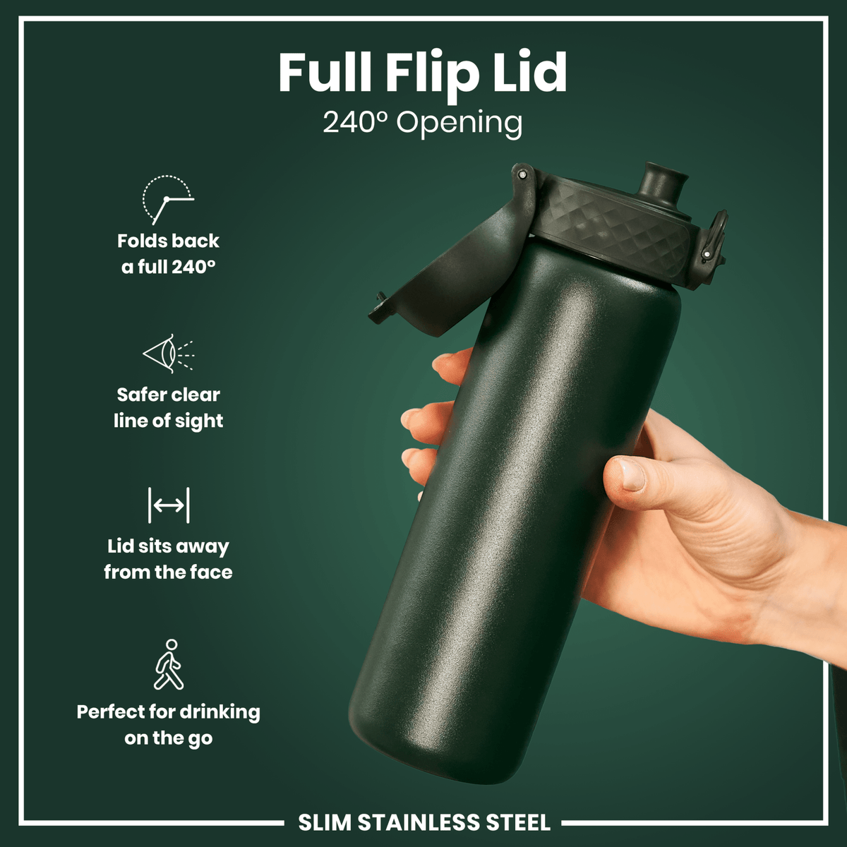 Dark green ION8 stainless steel water bottle, 600ml capacity, leak-proof slim design for durable hydration.