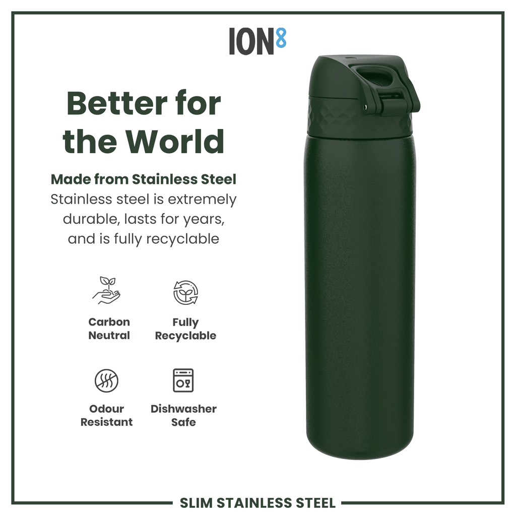 Dark green ION8 stainless steel water bottle, 600ml leak-proof slim design, durable steel water bottle for hydration.