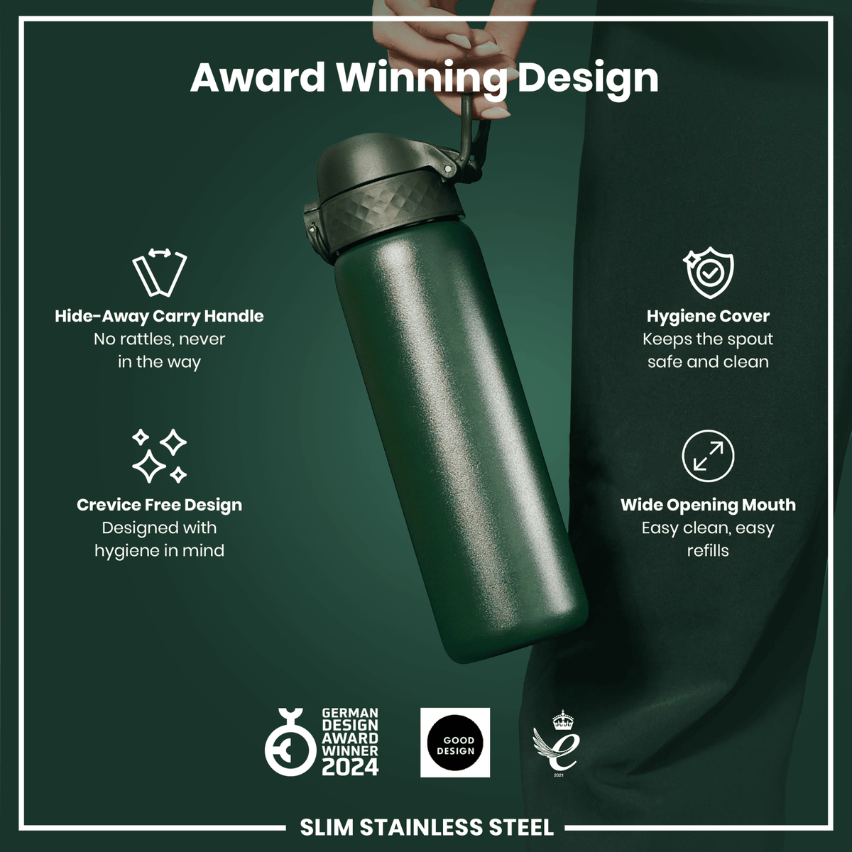 Dark green ION8 stainless steel water bottle, 600ml capacity, leak-proof, slim design, ideal for staying hydrated on the go.