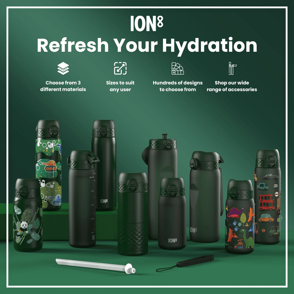 Dark green ION8 stainless steel water bottle, 600ml capacity, leak-proof, slim design, durable steel material for hydration.