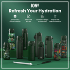 Dark green ION8 stainless steel water bottle, 600ml capacity, leak-proof, slim design, durable steel material for hydration.
