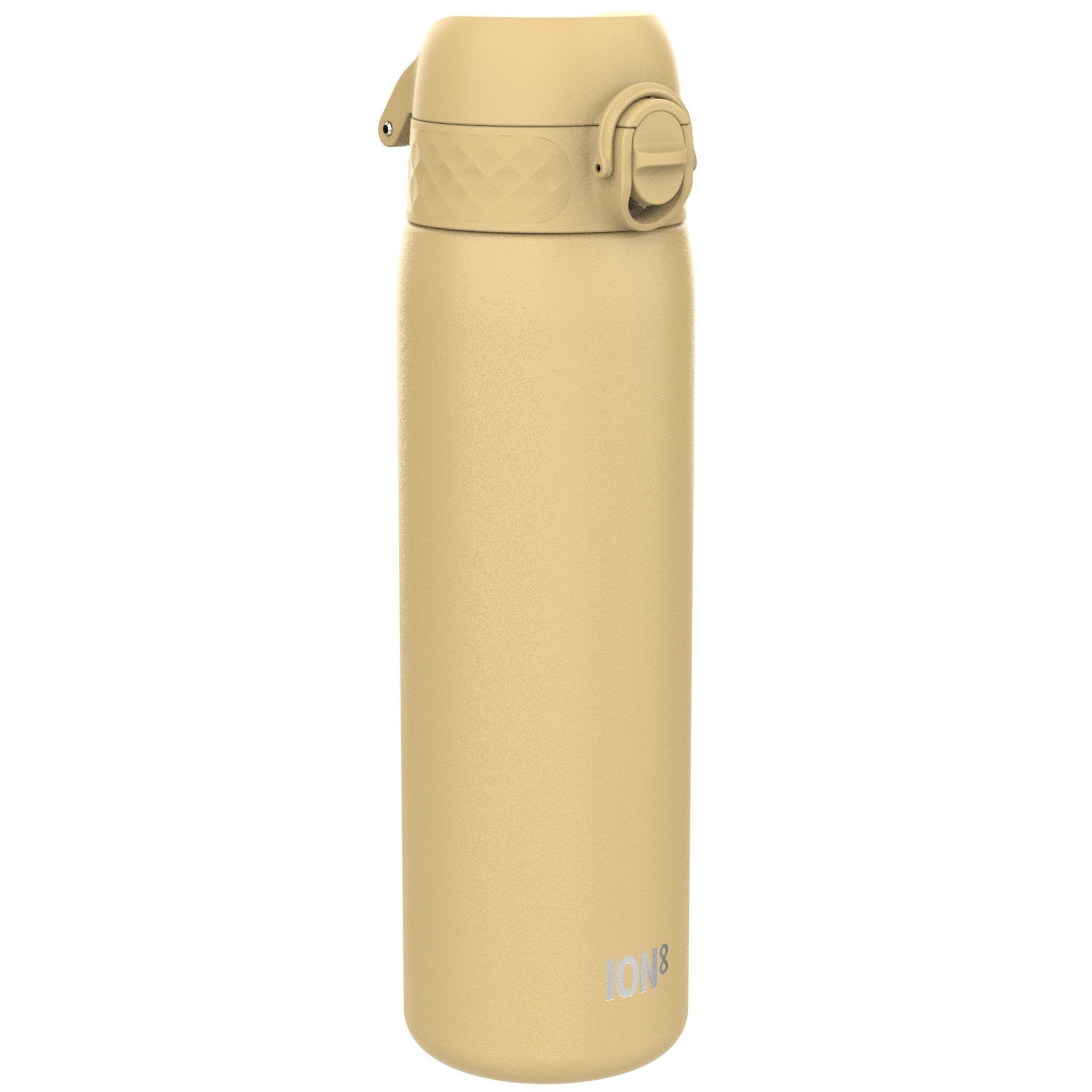 Ion8 stainless steel leak-proof slim water bottle in desert color, 600ml (20oz), showcasing its sleek design and secure lid.