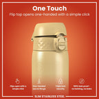 Ion8 stainless steel water bottle in desert color, 600ml, leak-proof, slim design, durable and ideal for hydration on the go.