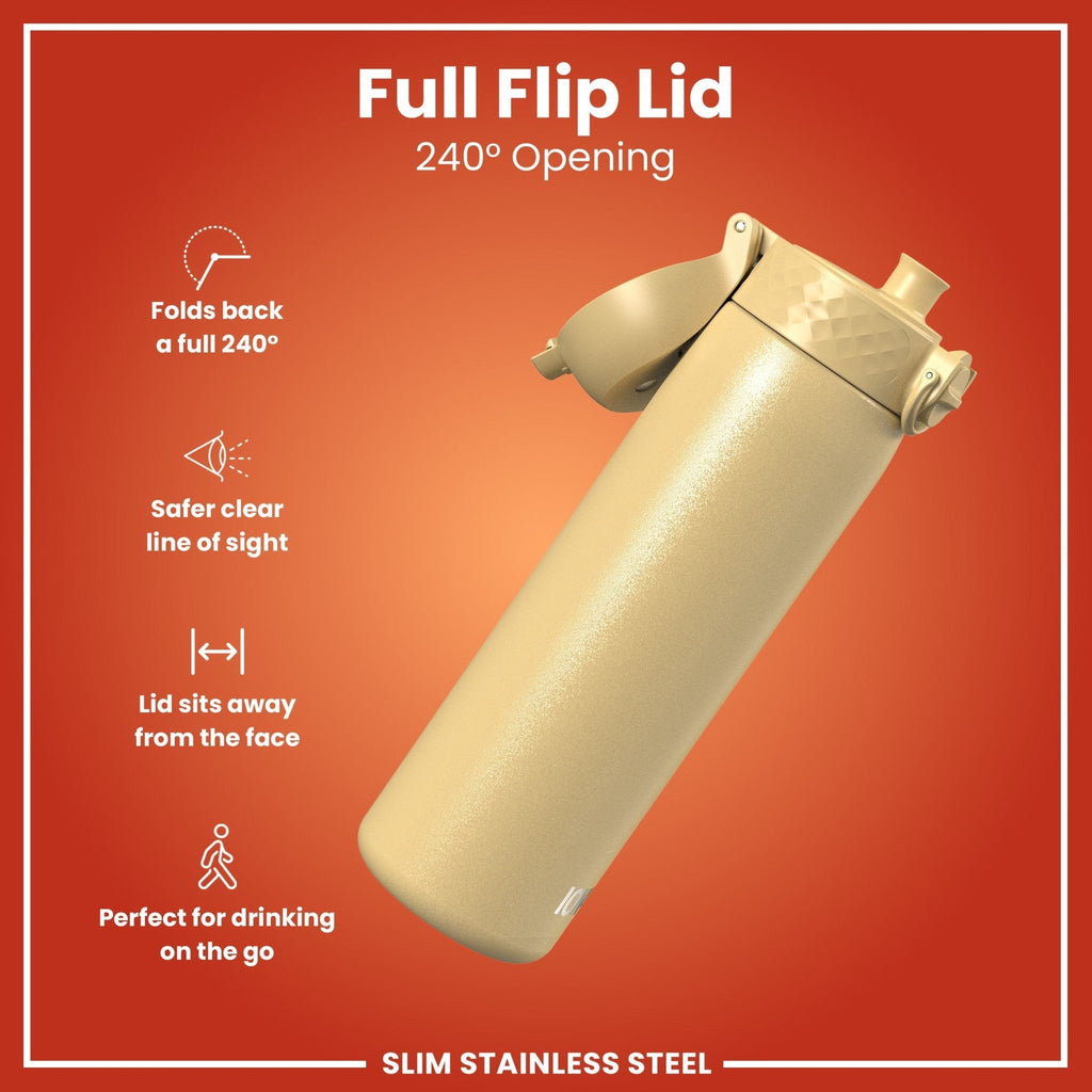 Ion8 stainless steel water bottle in desert color, 600ml (20oz), leak-proof, slim design, ideal for hydration on the go.