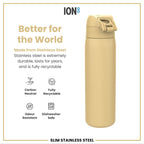 Ion8 stainless steel water bottle in desert color, 600ml (20oz), leak-proof and slim design perfect for on-the-go hydration.