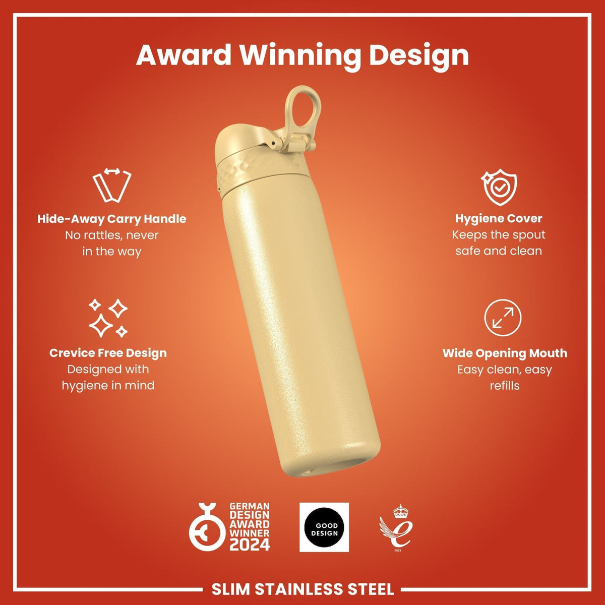 Ion8 stainless steel water bottle in desert color, 600ml capacity, leak-proof design, slim and durable for on-the-go hydration.