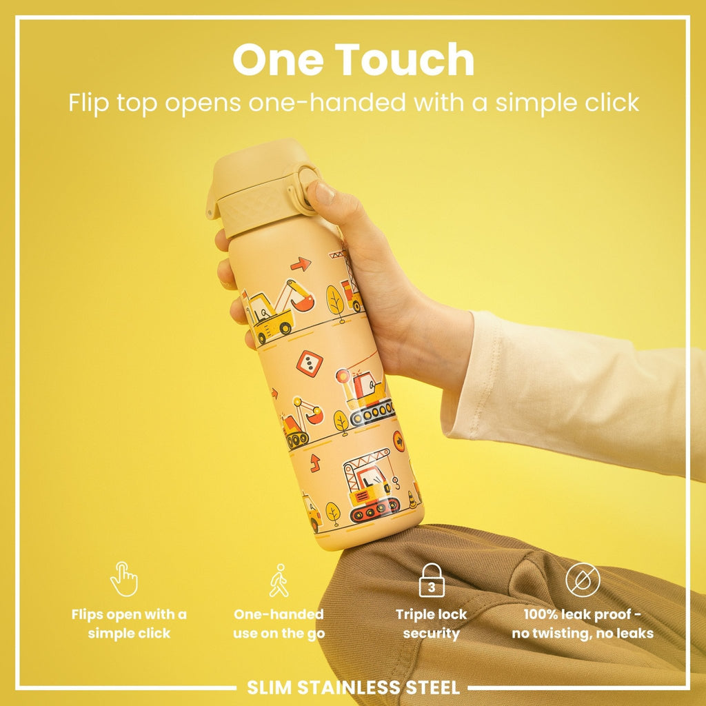 Ion8 stainless steel water bottle, 600ml, leak-proof slim design with durable construction for outdoor hydration.