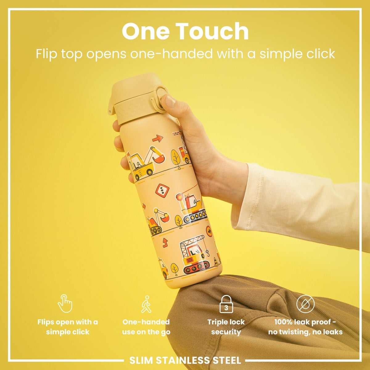 Ion8 stainless steel water bottle, 600ml, leak-proof slim design with durable construction for outdoor hydration.