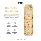 ION8 stainless steel water bottle, 600ml leak-proof slim design, durable steel construction for hydration on the go.
