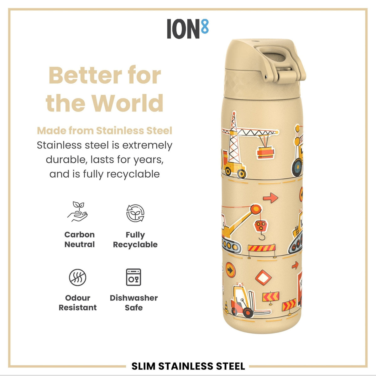ION8 stainless steel water bottle, 600ml leak-proof slim design, durable steel construction for hydration on the go.