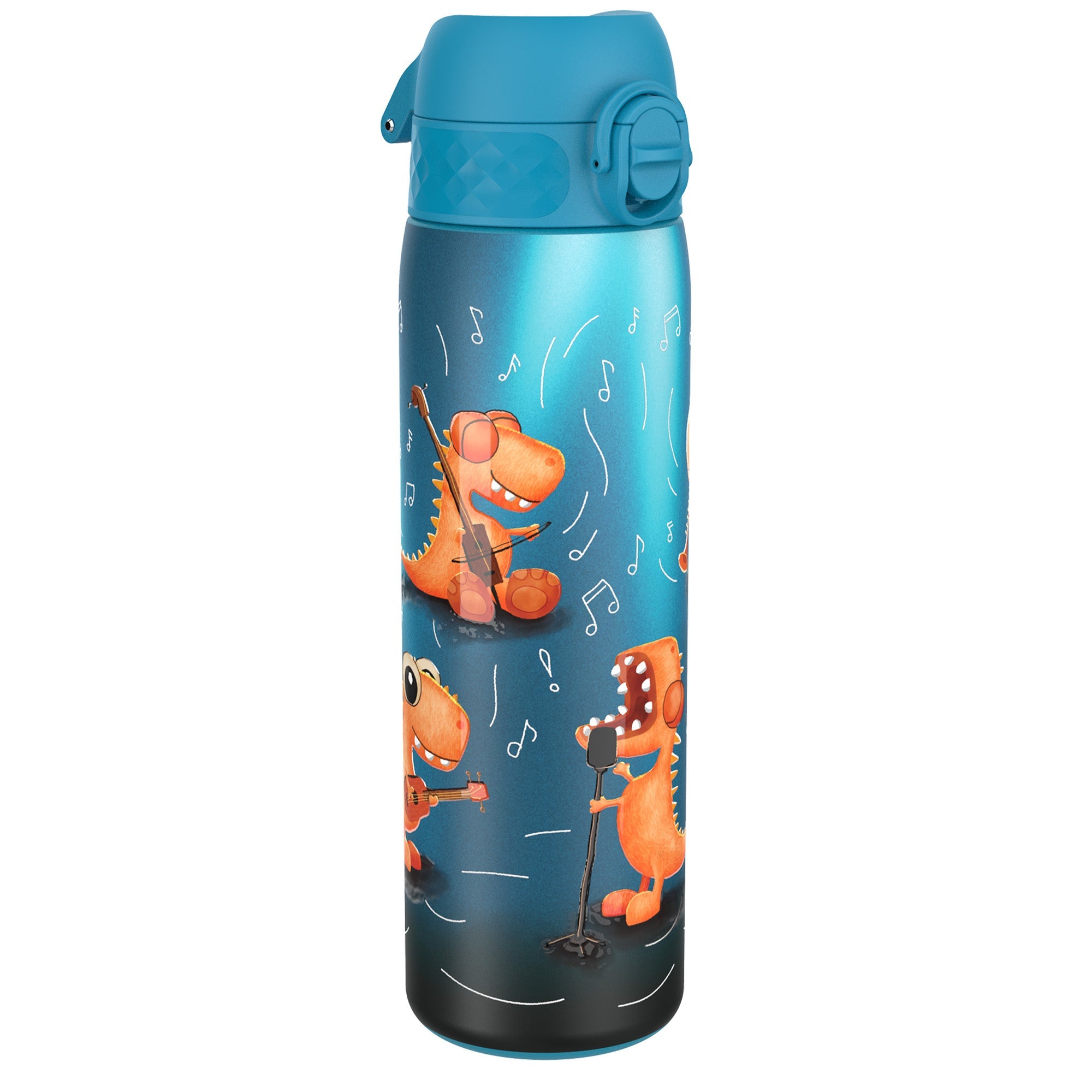 Ion8 leak-proof slim stainless steel water bottle with Dino Band, 600ml (20oz) in a sleek design perfect for on-the-go hydration.