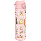 Ion8 stainless steel water bottle featuring a dog design, 600ml capacity, leak-proof, slim, durable, and ideal for on-the-go hydration.