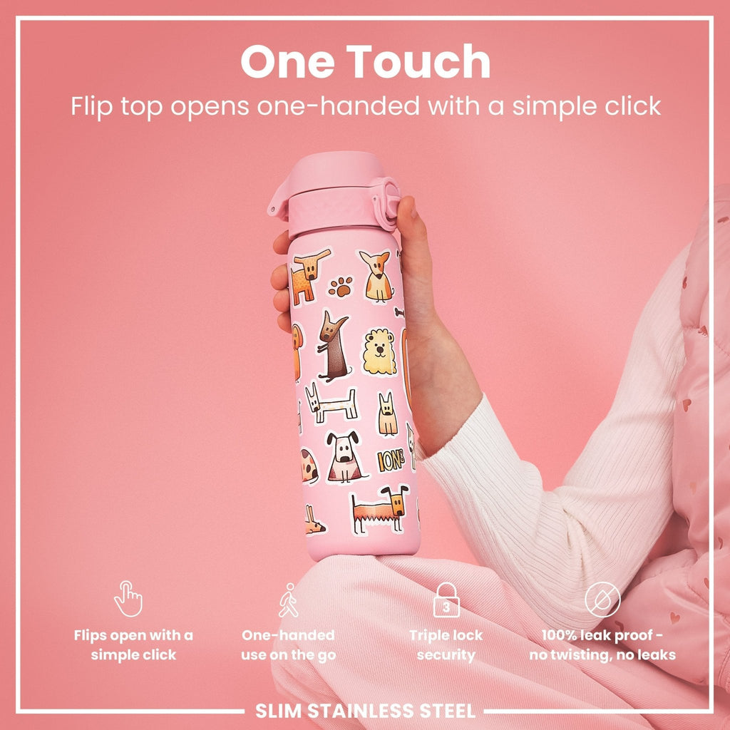ION8 stainless steel water bottle with dog design, 600ml capacity, leak-proof, slim, durable steel water bottle for active use