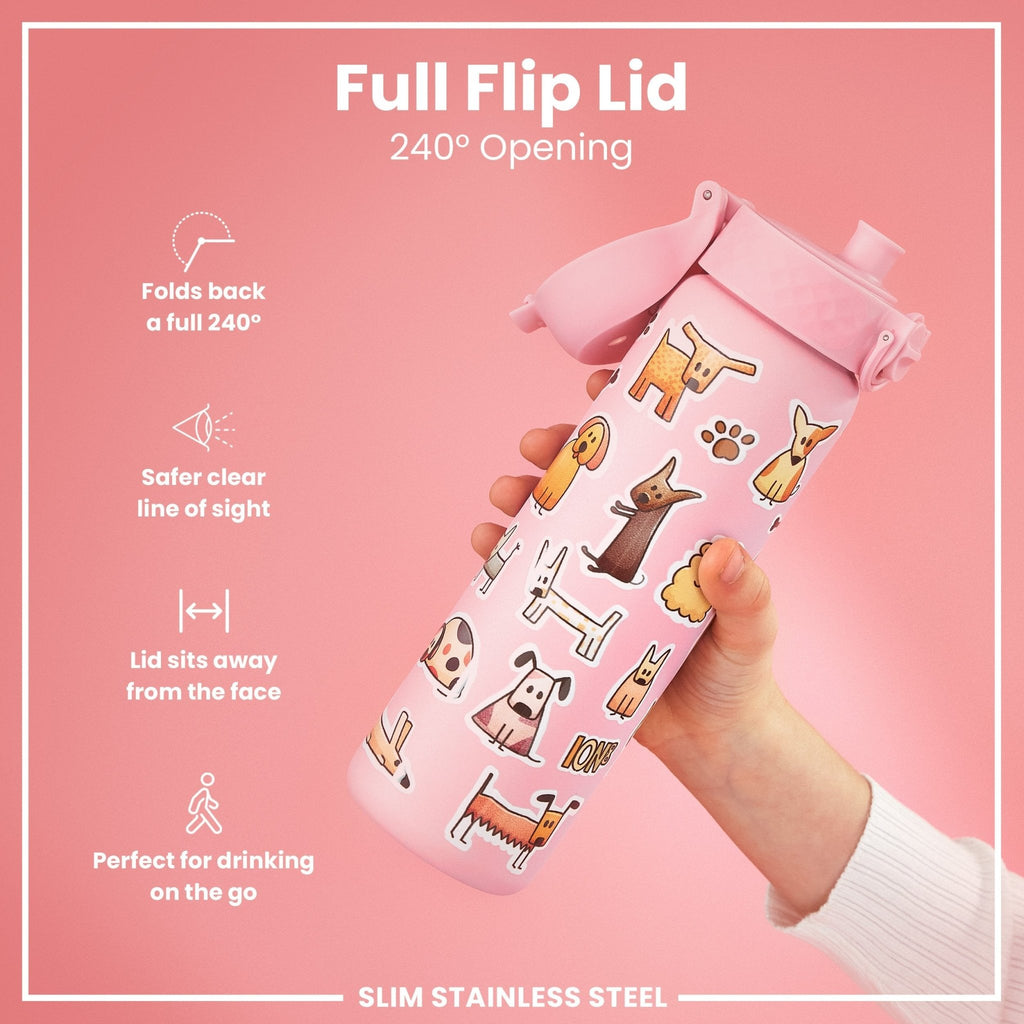 Ion8 stainless steel water bottle with dog design, 600ml leak-proof slim water bottle for on-the-go hydration