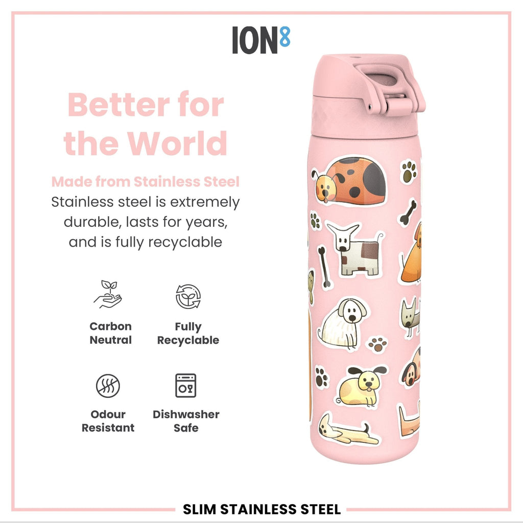 ION8 stainless steel water bottle with dog design, 600ml leak-proof, slim, durable steel water bottle for pets or everyday use