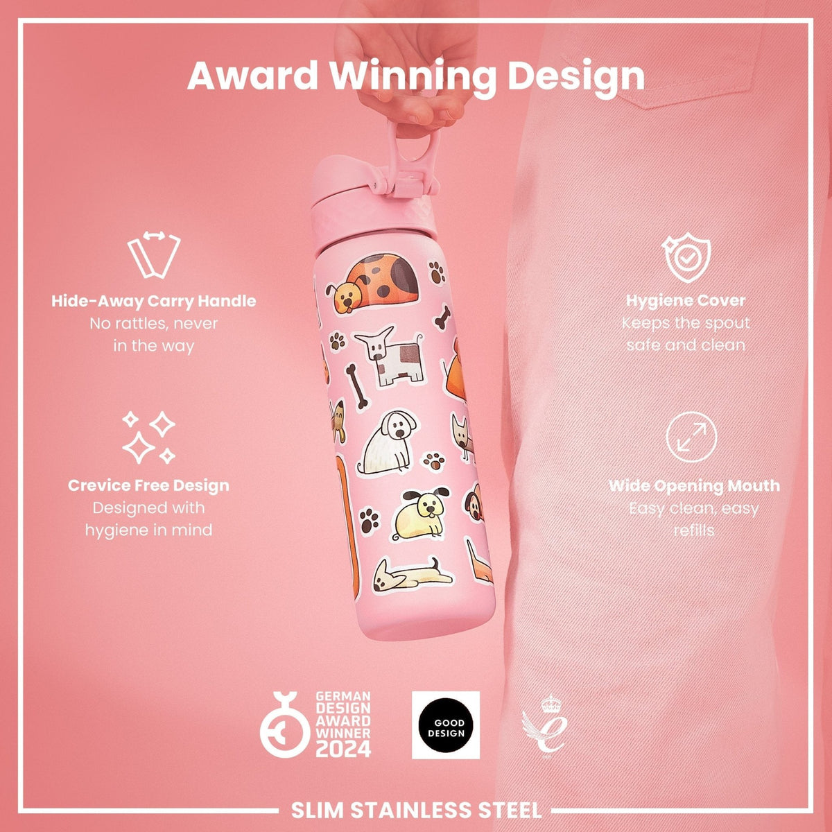 Ion8 stainless steel water bottle featuring a dog design, 600ml capacity, leak-proof, slim, durable, and ideal for on-the-go hydration.