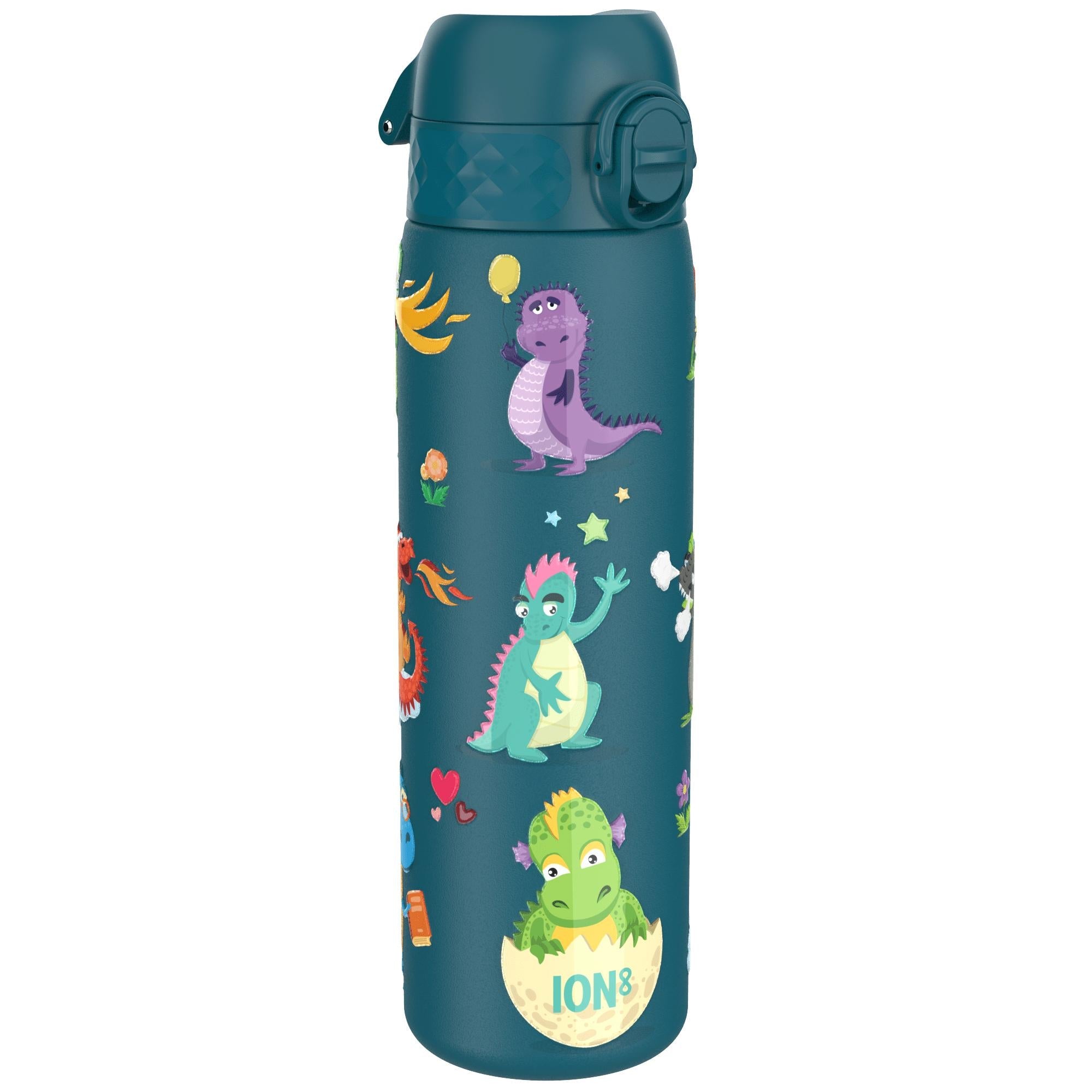 Ion8 stainless steel leak-proof water bottle with dragon design, 600ml (20oz) capacity, durable and slim for easy carrying