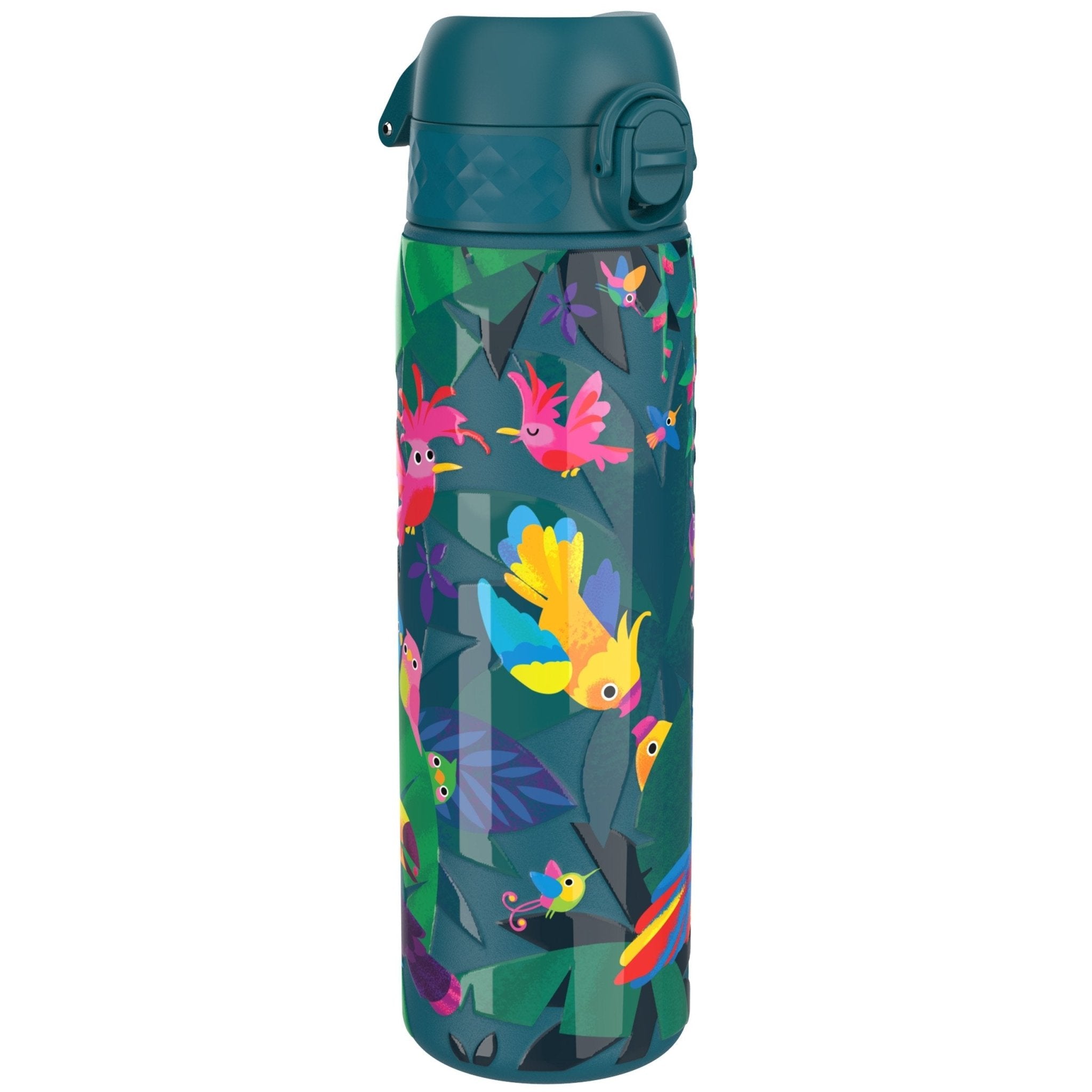 Ion8 leak-proof slim stainless steel water bottle featuring colorful exotic bird designs, 600ml capacity, 20oz.