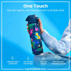 Ion8 stainless steel water bottle with exotic bird design, 600ml capacity, leak-proof, slim and durable for everyday use