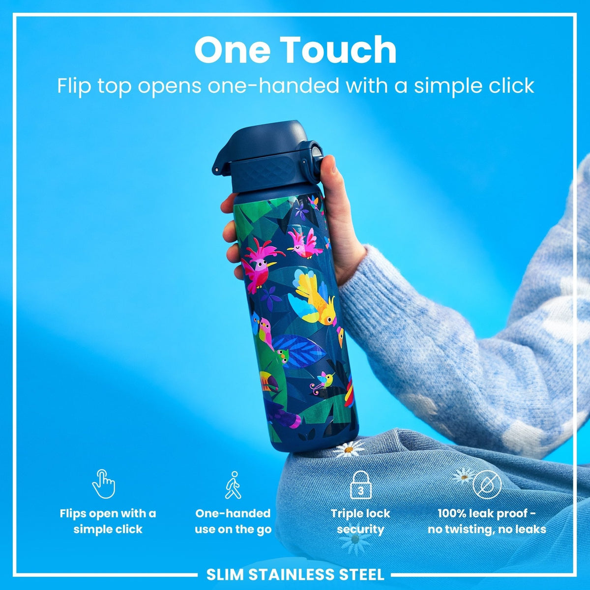Ion8 stainless steel water bottle with exotic bird design, 600ml capacity, leak-proof, slim and durable for everyday use