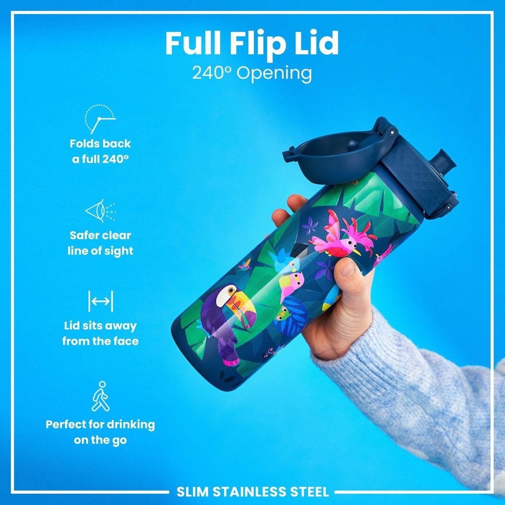 Ion8 stainless steel water bottle with exotic bird design, 600ml capacity, leak-proof, slim 20oz steel water bottle.