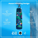 ION8 stainless steel water bottle with exotic bird design, 600ml capacity, leak-proof, slim and durable for everyday hydration.