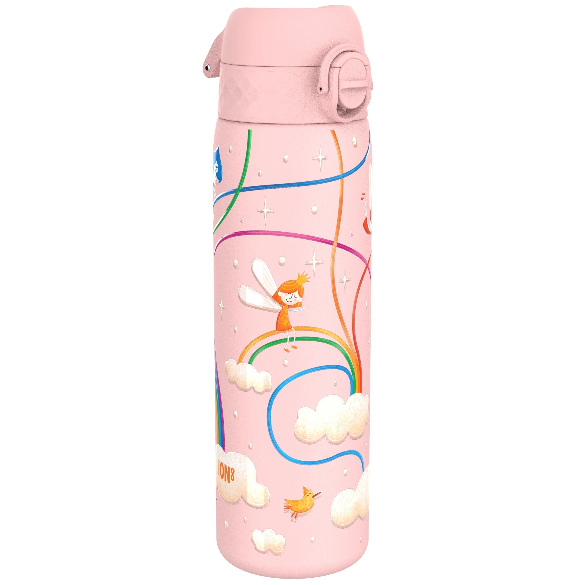 Ion8 leak-proof stainless steel water bottle with fairy design, 600ml (20oz) slim water bottle for hydration on the go.
