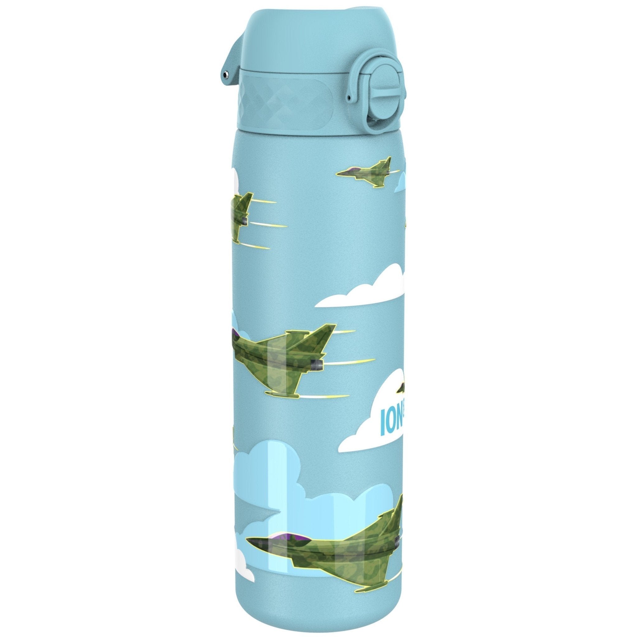 Ion8 leak-proof slim stainless steel water bottle with fighter jet design, 600ml capacity, ideal for on-the-go hydration.