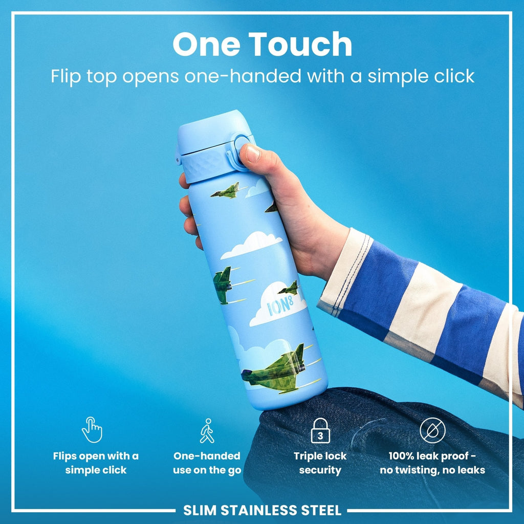 Ion8 stainless steel water bottle with fighter jet design, 600ml capacity, leak-proof and slim for on-the-go hydration.