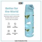 ION8 stainless steel water bottle featuring fighter jets design, 600ml capacity, leak-proof, slim and durable for everyday use.