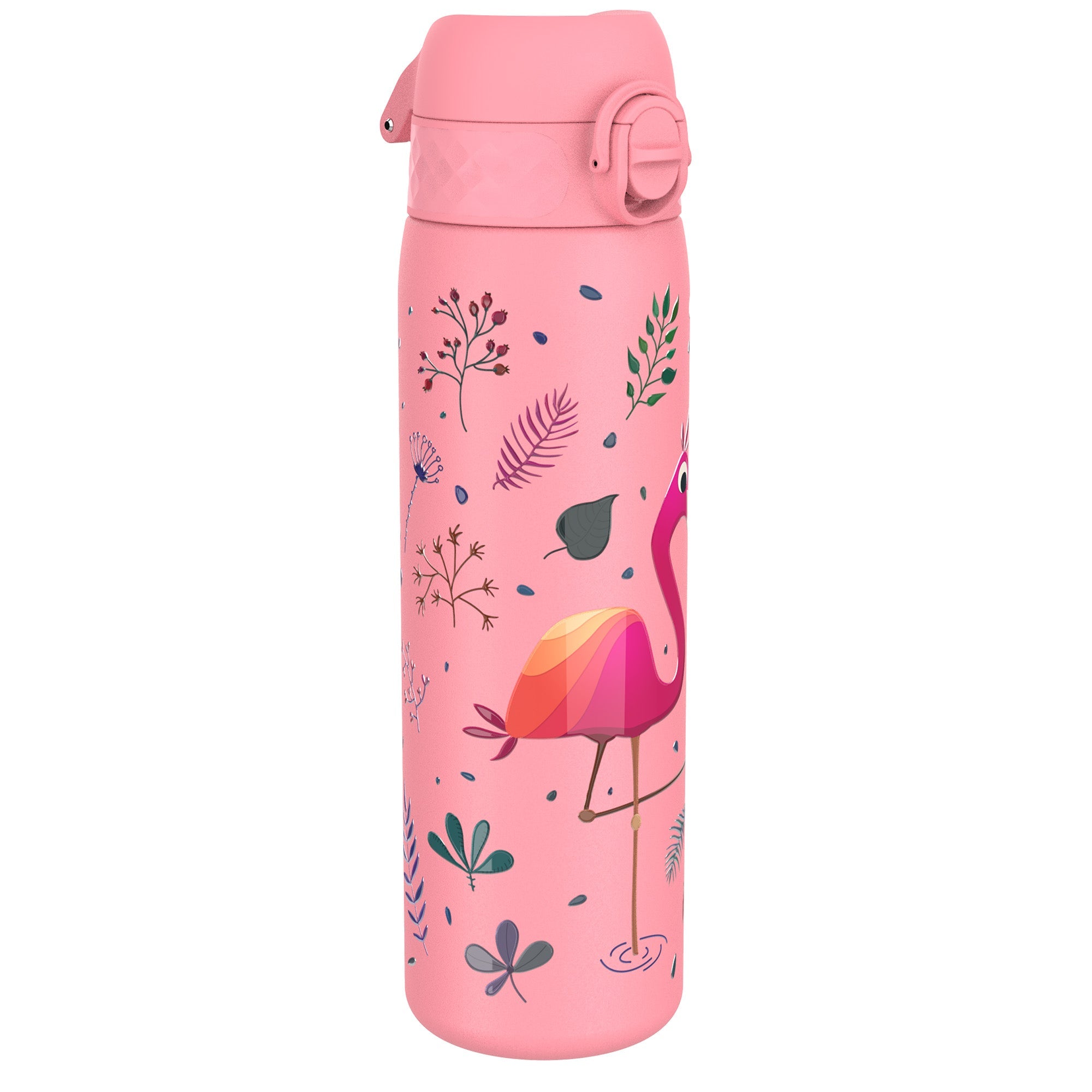 Ion8 leak-proof slim stainless steel water bottle with flamingo design, 600ml (20oz), lightweight and durable for everyday use