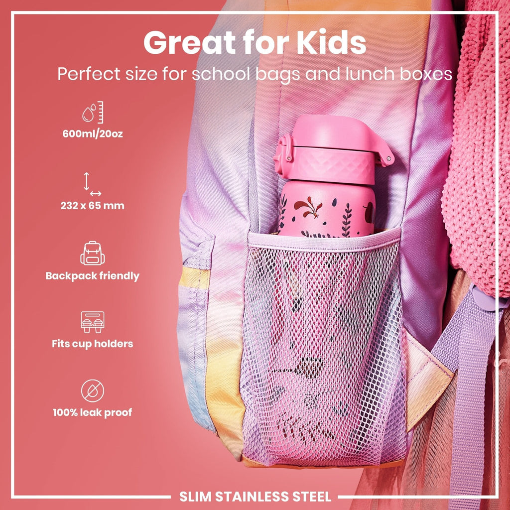 Ion8 stainless steel water bottle with flamingo design, 600ml capacity, leak-proof slim design, durable steel construction