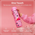 Ion8 stainless steel water bottle with flamingo design, 600ml capacity, leak-proof, slim, durable steel water bottle for hydration.