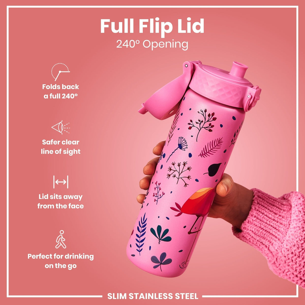 Ion8 stainless steel water bottle with flamingo design, 600ml capacity, leak-proof, slim, durable steel hydration bottle.