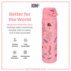 ION8 stainless steel water bottle with flamingo design, 600ml capacity, leak-proof, slim, durable steel water bottle.