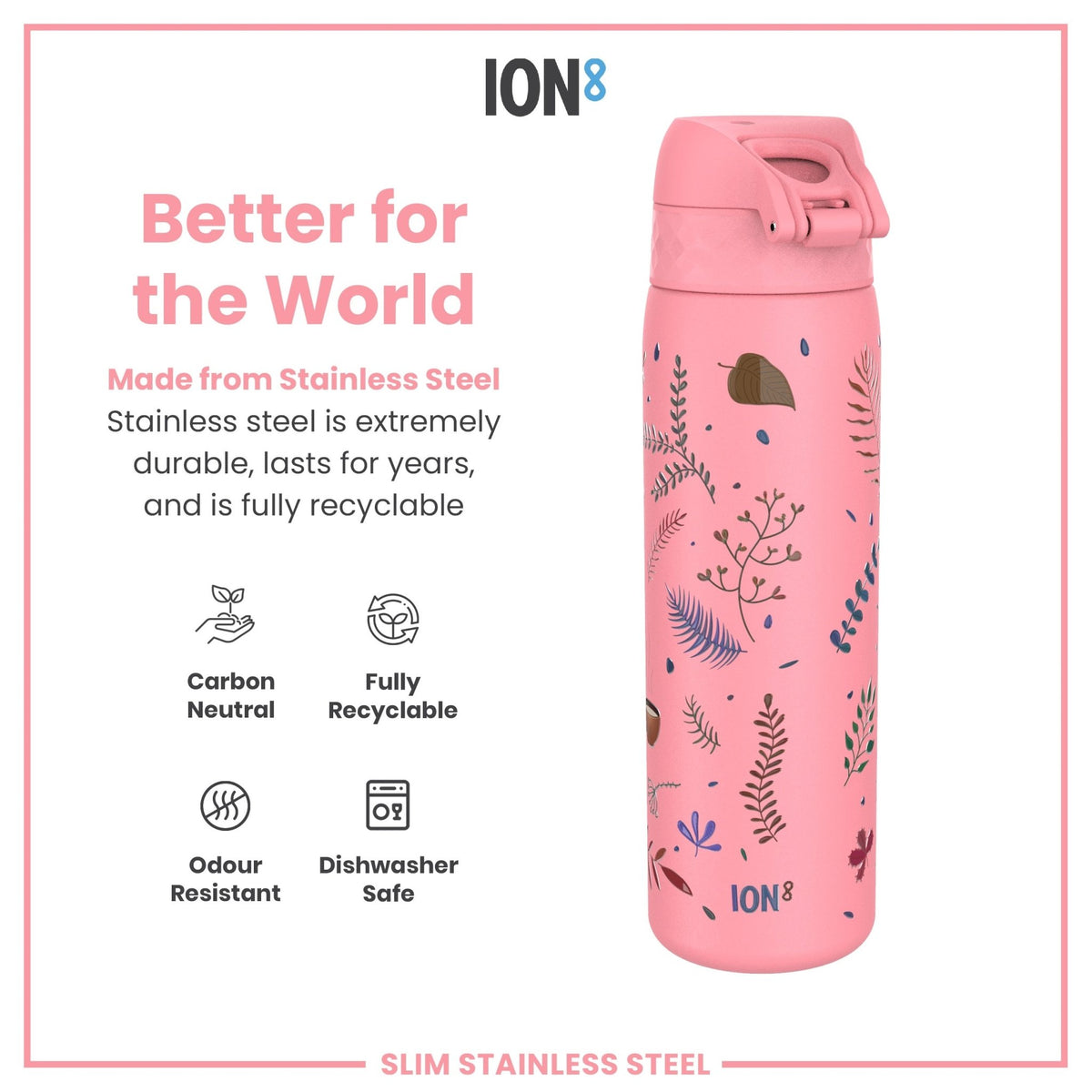ION8 stainless steel water bottle with flamingo design, 600ml capacity, leak-proof, slim, durable steel water bottle.