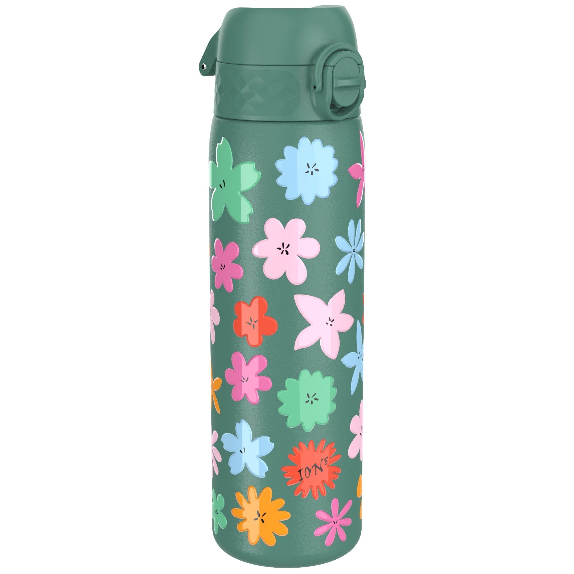 Ion8 leak-proof slim stainless steel water bottle with floral design, 600ml capacity, ideal for staying hydrated on the go.