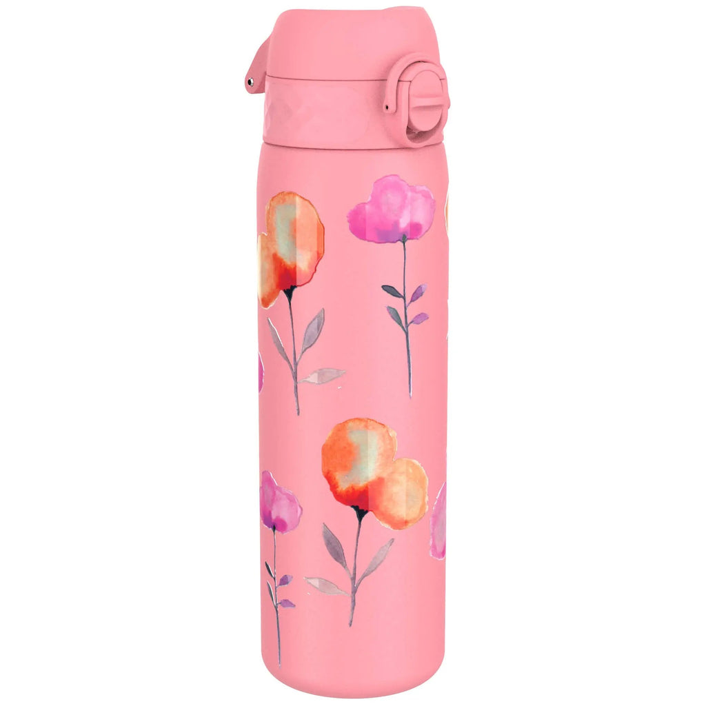Ion8 leak-proof slim stainless steel water bottle with floral design, 600ml (20oz), ideal for on-the-go hydration.