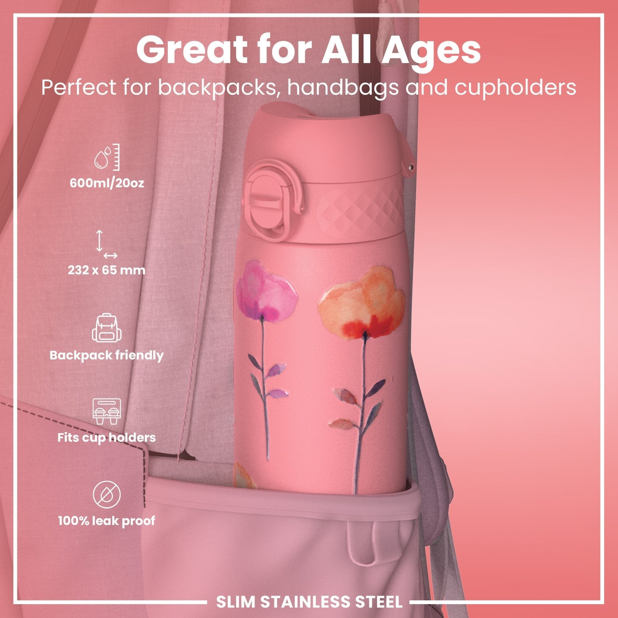 Ion8 stainless steel leak-proof slim water bottle with floral design, 600ml (20oz) capacity, ideal for staying hydrated on the go.